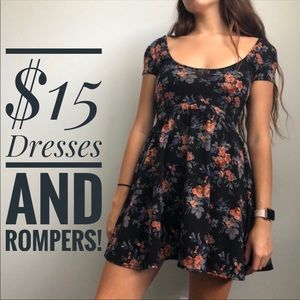 UO KIMCHI BLUE Black Floral Skater Dress